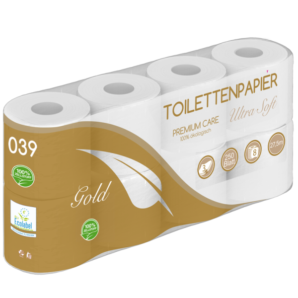 Toilettenpapier 3 lagig GOLD 100% Zellstoff ULTRA SOFT 250 Blatt 8er - PALETTE