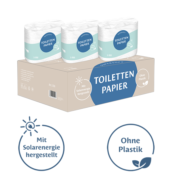 Toilettenpapier 3 lagig Zellstoff 350 Blatt ohne Plastik m. Solarenergie hergestellt - MUSTER